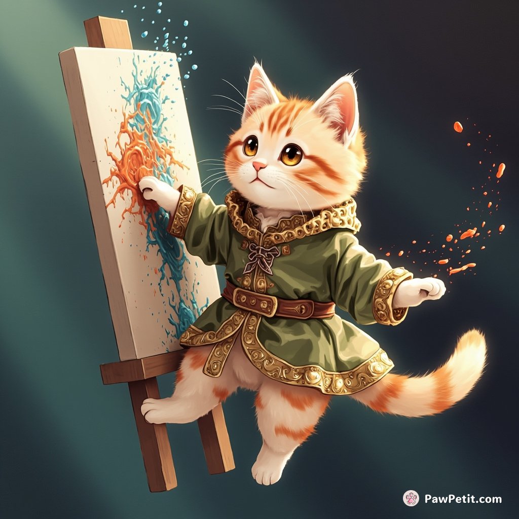 Cat wearing a Renaissance painter's robe, gracefully dashing paint on a fish-shaped canvas with its tail while floating in zero-gravity.