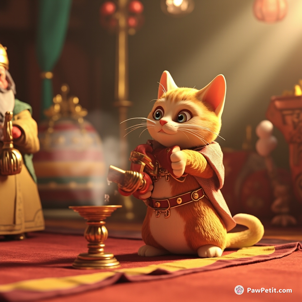 Cat knocks over cup, inadvertently saving king from poison; hailed as human champion for quick reflexes.