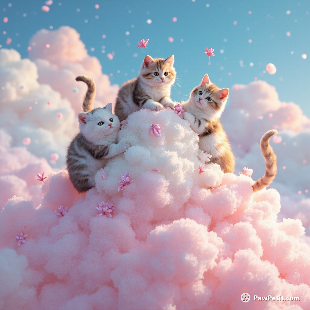 Cats building a snow-cat on top of a candyfloss cloud.
