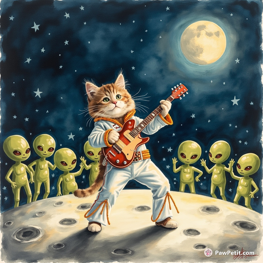 Elvis Presley-style cat performing a rock n roll show on the moon to a crowd of cheering aliens.