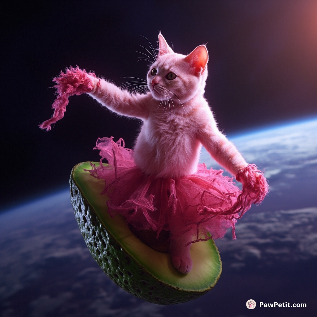 A neon pink cat performing a flamenco dance on a giant, floating avocado in outer space.