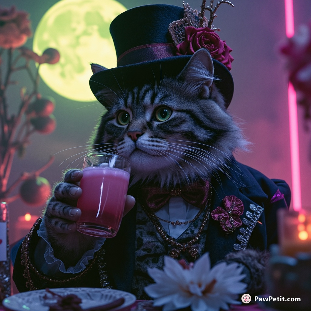 A regal cat in Victorian attire, sipping bubble tea at a floating hatter's tea party under a luminescent avocado moon.