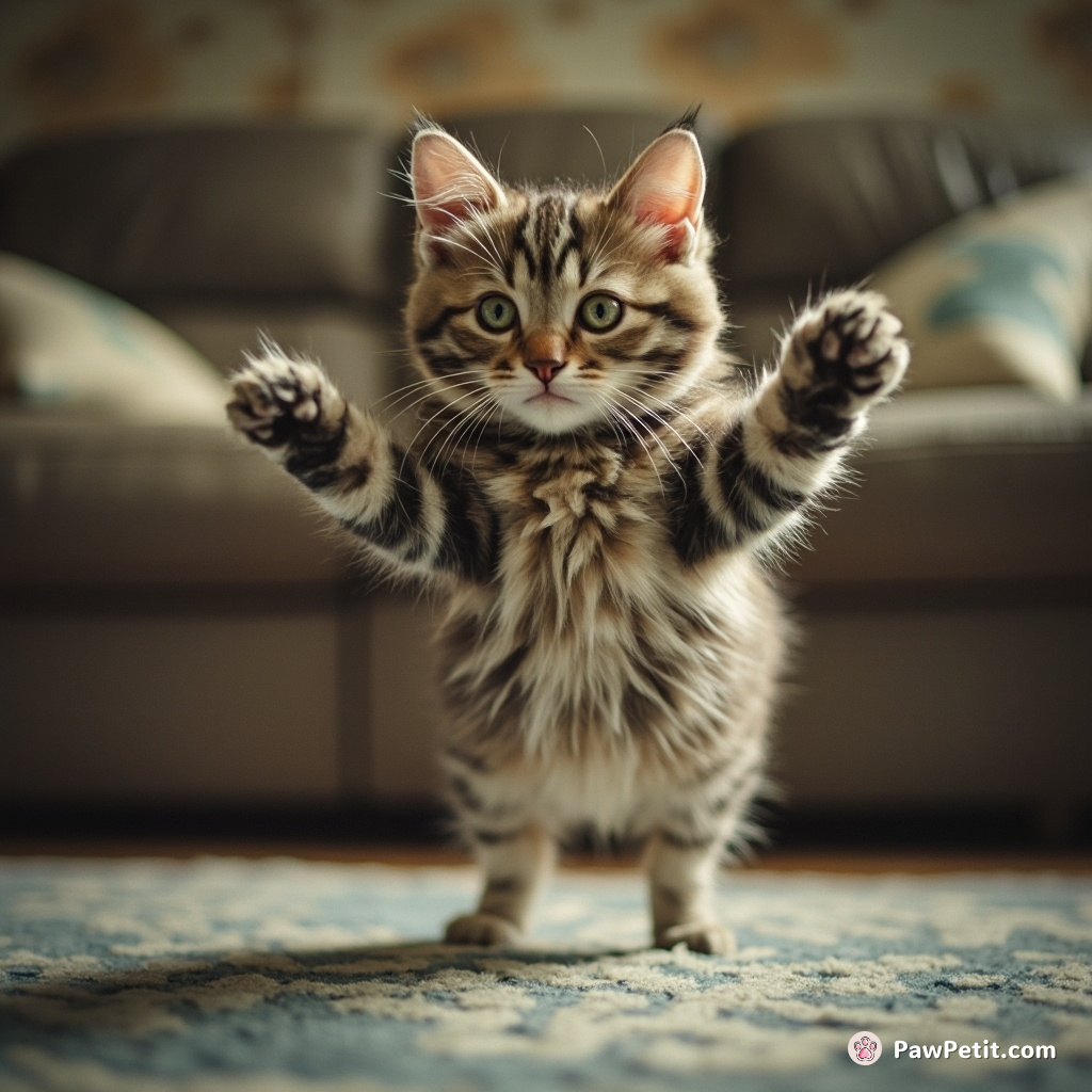 A cat, convinced it can outdo humans in skydiving, takes a leap off the couch, paws outstretched, aiming for the rug "ocean.