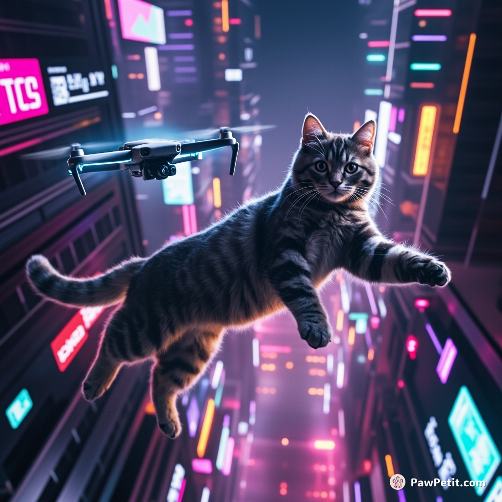 A cat leaps from skyscraper to drone, weaving through neon-lit streets of the tech metropolis.