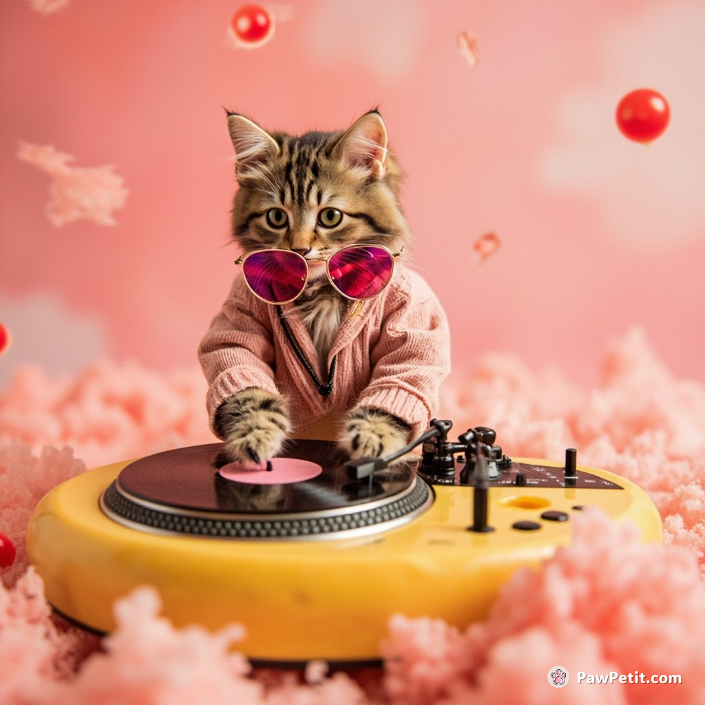 A fashionable cat DJ mixing on a turntable made of cheese during a surreal cherry blossom blizzard.