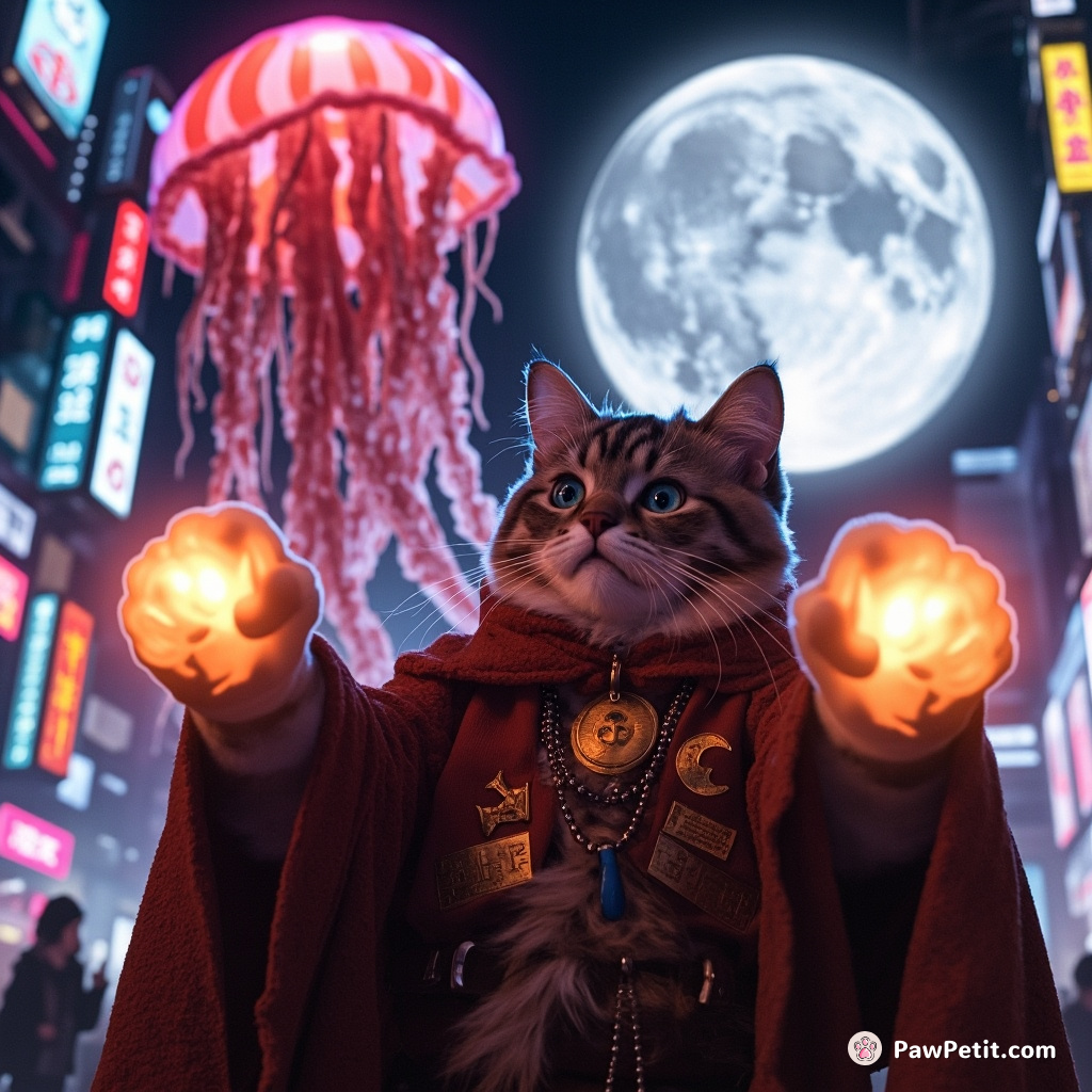 A cat wizard levitating a giant jellyfish with massive fists in a Neo-Tokyo setting, while glaring at the moon, suspiciously wrapped in bacon.