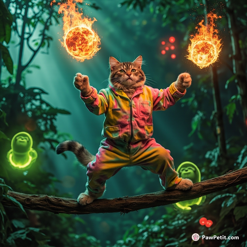 Cat wearing tie-dye pajamas juggling fireballs on a tightrope in a steamy jungle filled with neon banana trees and lime-green gorillas.