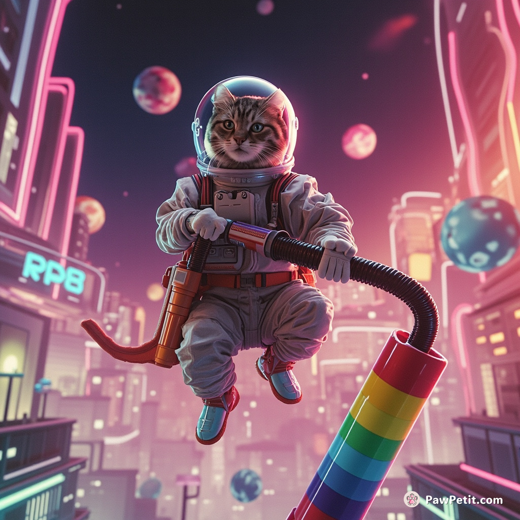 Cat wearing a spacesuit, levitating over neon-striped candy city on its rainbow vacuum cleaner.