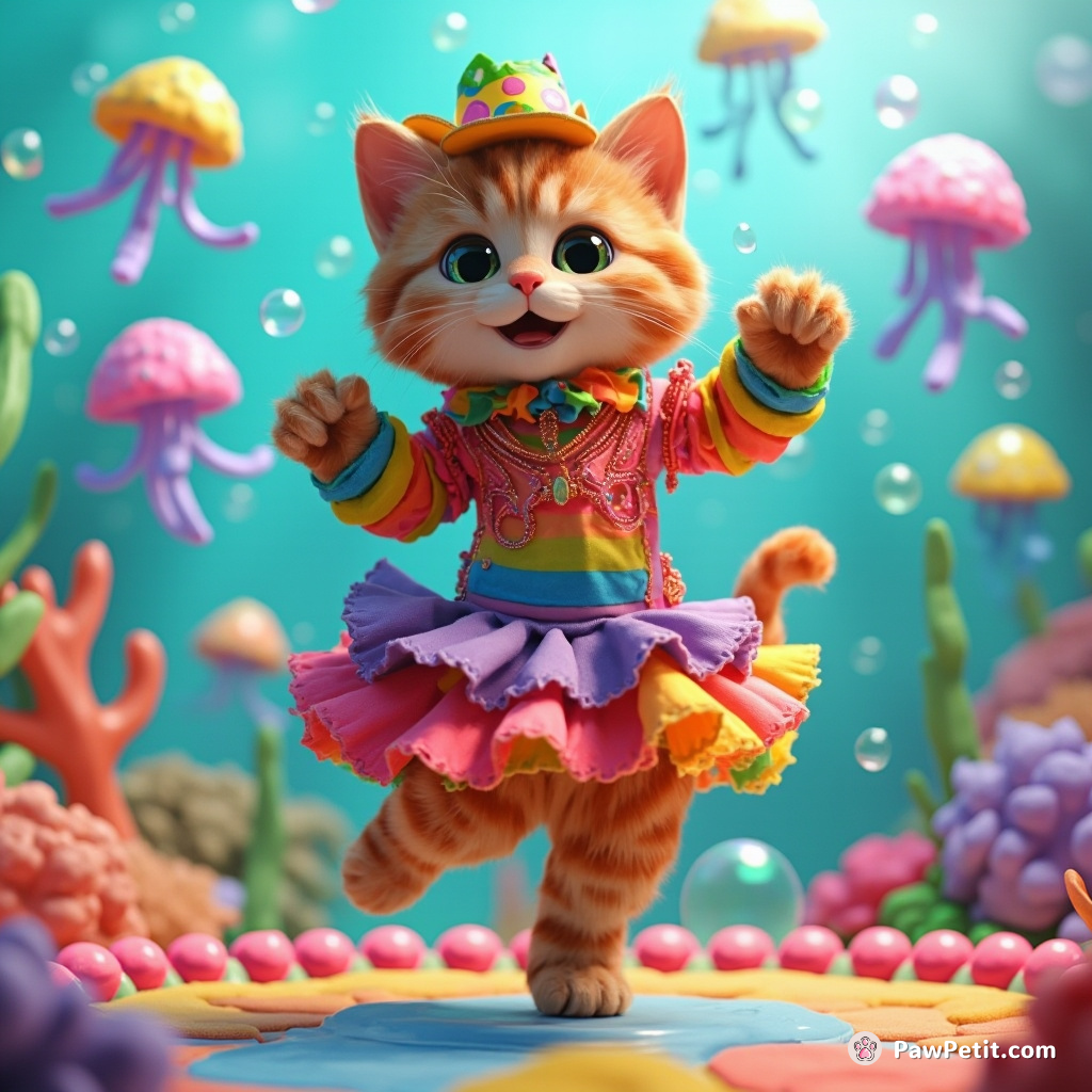 Cat dressed in a vibrant carnival costume joyously salsa dancing under floating jellyfish UFOs during an underwater fiesta, practicing air bowling on rainbow bubbles.