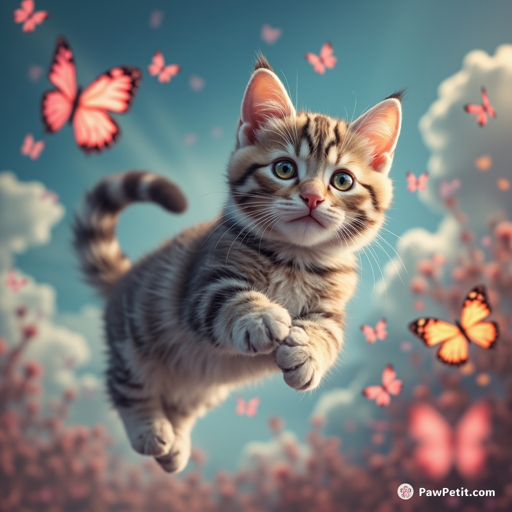 Whimsical digital cat swipes through virtual space, chasing pixelated butterflies with graceful, flowing motions.
