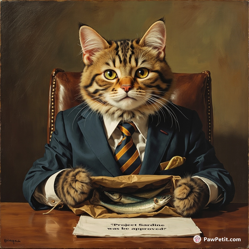 Cat, dressed in suit, across board meeting table: "Project Sardine has approved!"; ducks into bag with planning mischief smirk.
