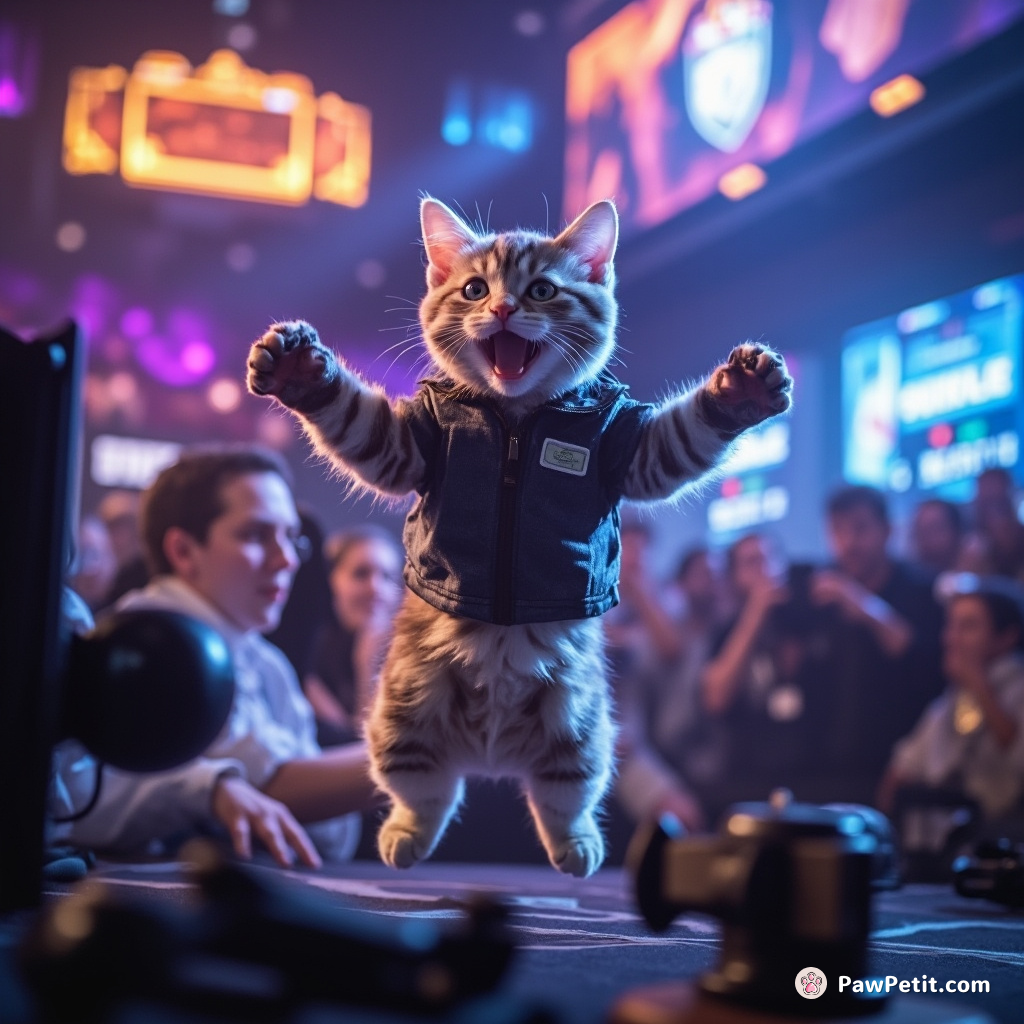 A cat's perfectly timed leap disrupts a key moment in an esports championship, resulting in its accidental victory.