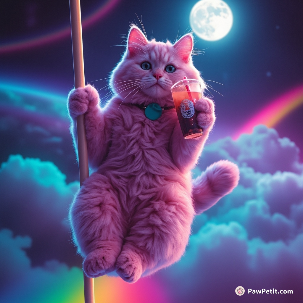A neon pink cat sipping bubble tea moonlight while pole-dancing on a rainbow in outer space.