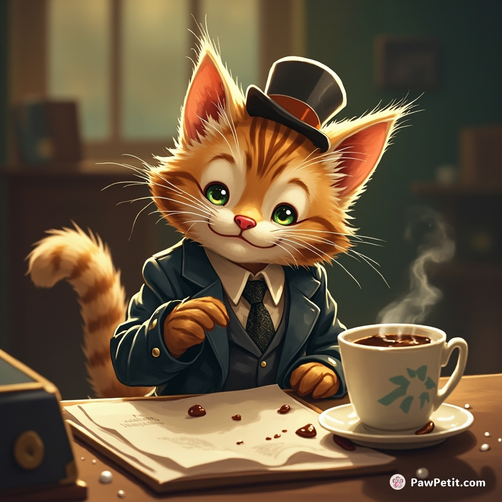 Whiskers, wearing a tiny suit, hilariously attempts to sit at a desk, but his tail knocks over a cup of coffee instead.
