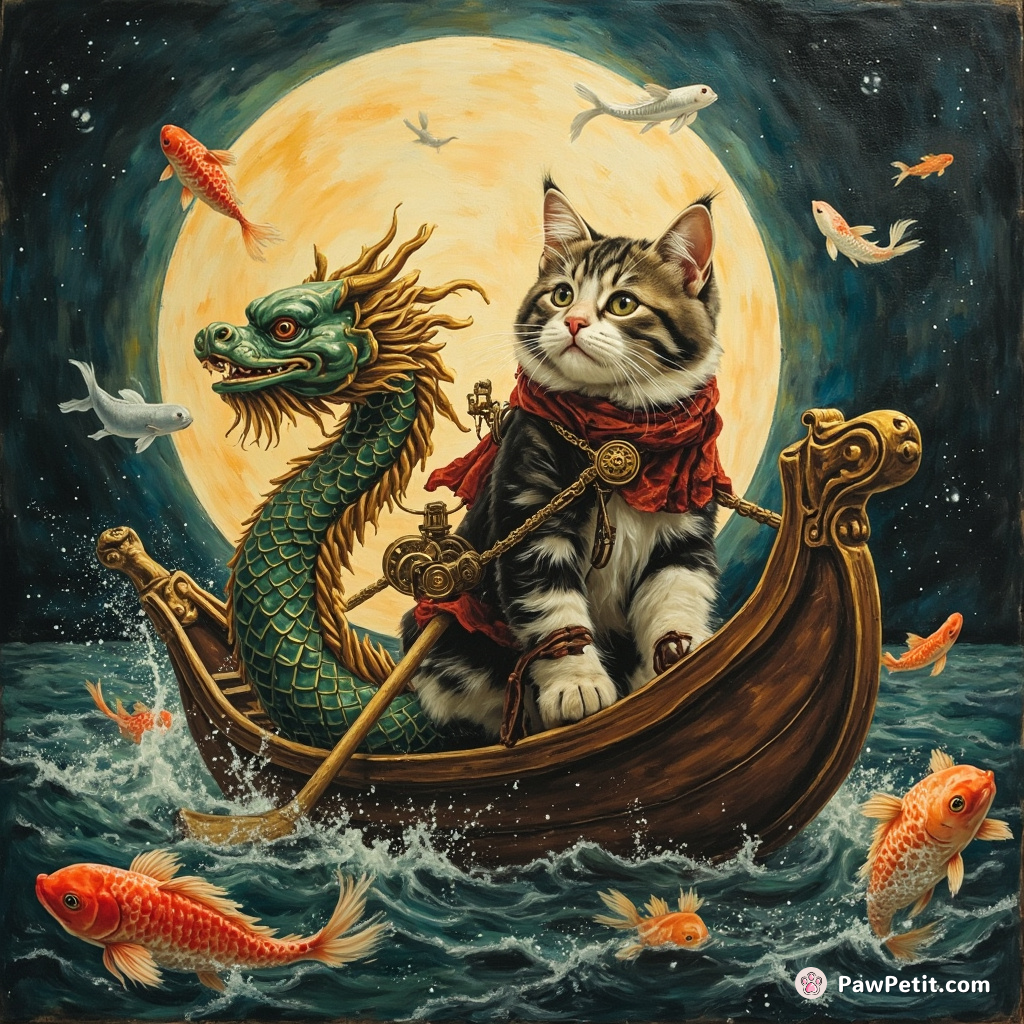 Steampunk cat piloting a dragon boat made of 粽子 through a river of Koi fish on the moon.