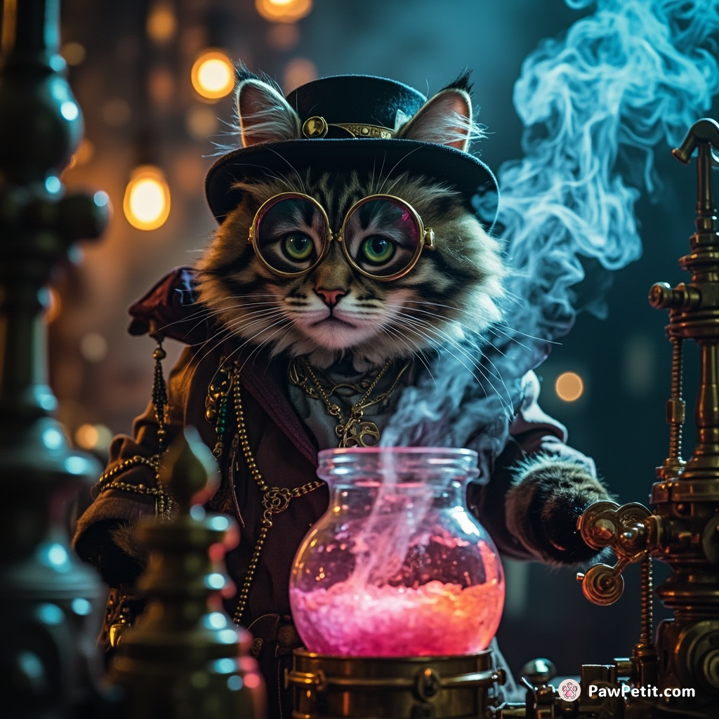 A cat decked out in steampunk finery brewing a phosphorescent potion amid brass gears and drifting iridescent smoke.