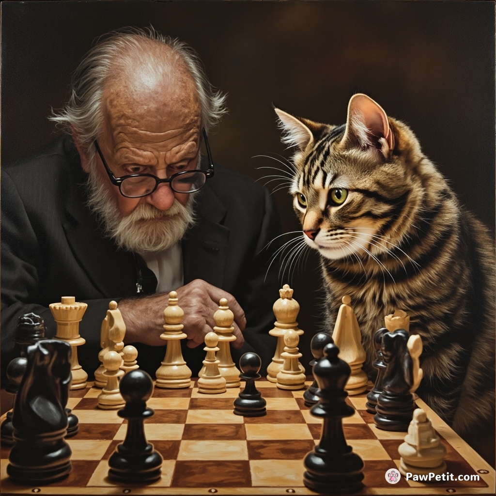 In an intense chess tournament, a strategic cat purrs confidently, convinced it can checkmate its dumbfounded human opponent.
