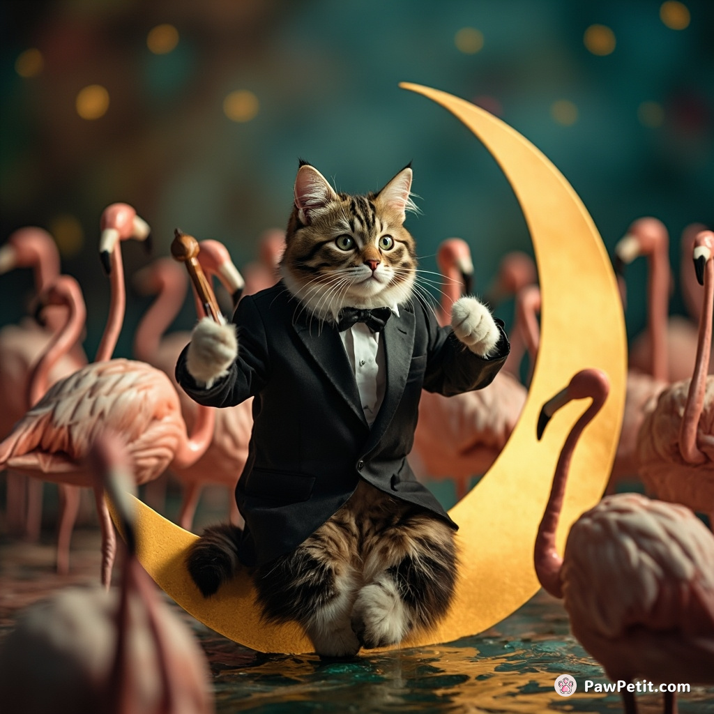 Cat orchestrating a symphony of flamingos while seated on a crescent moon, in tuxedo attire.