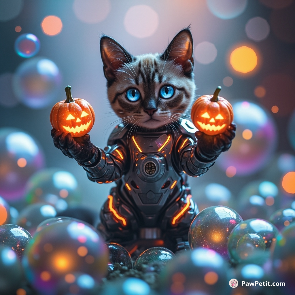 Cybernetic cat juggling miniature pumpkin-shaped galaxies in an iridescent bubble forest.