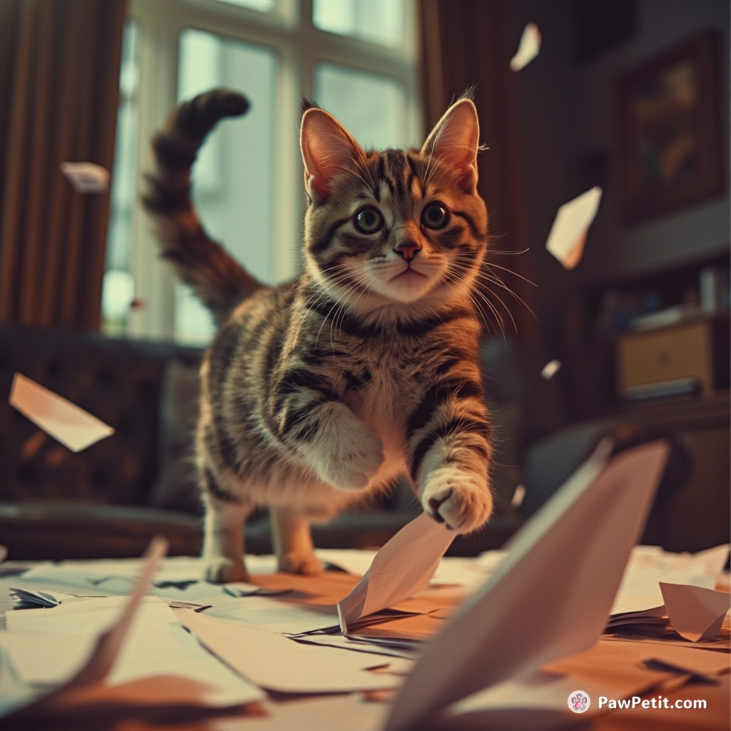 The cat leaps onto the table, scattering papers as a heated argument unfolds, its tail flicking wildly in confusion.