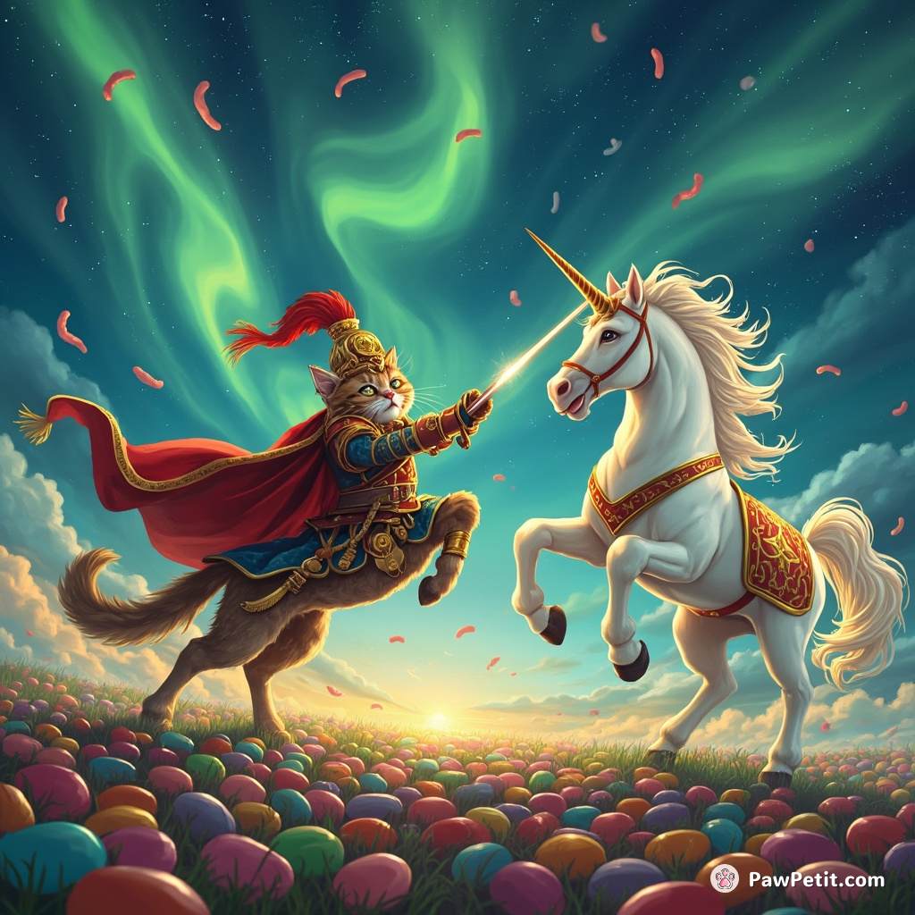 A regal cat wearing golden armor jousting with a fabled unicorn on a field of jelly beans under an aurora borealis.