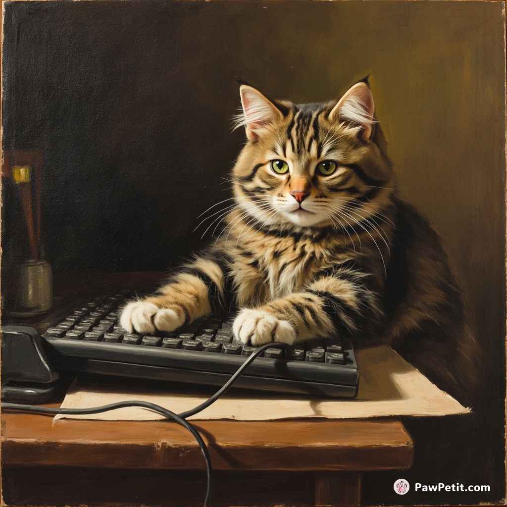 The cat attempts to sit at a desk, mimicking human work with paws on a keyboard.