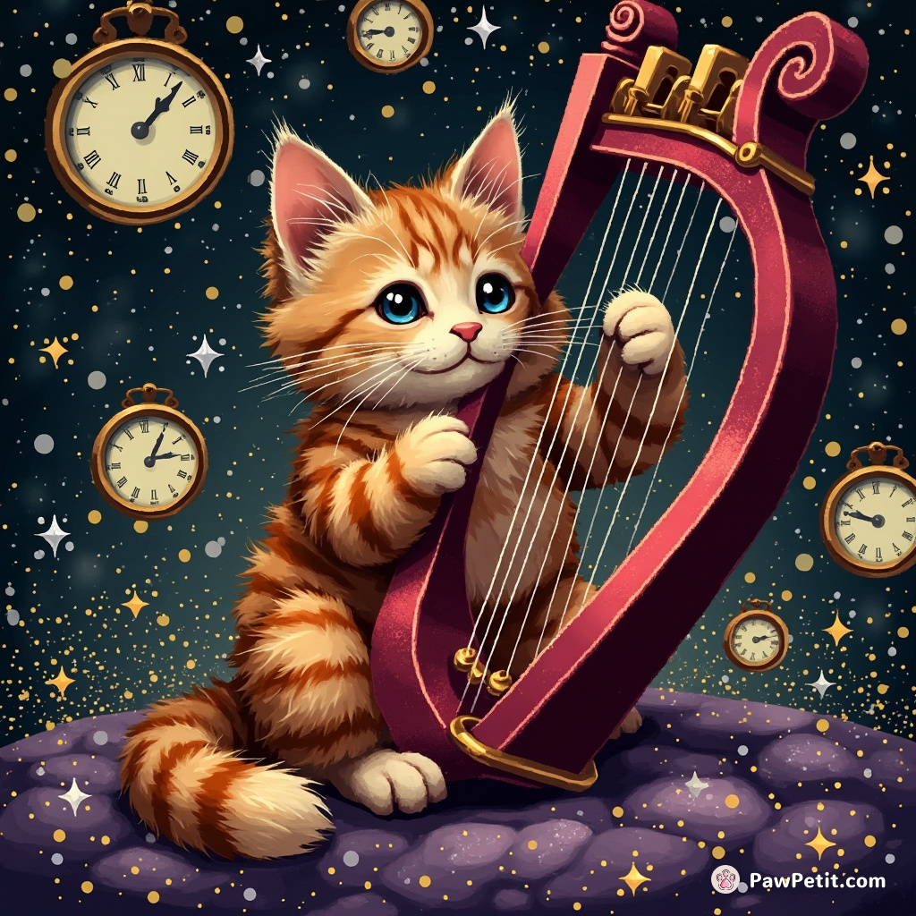 A marmalade cat playing a crimson harp among floating clock faces while silver stars sprinkle from its fur.