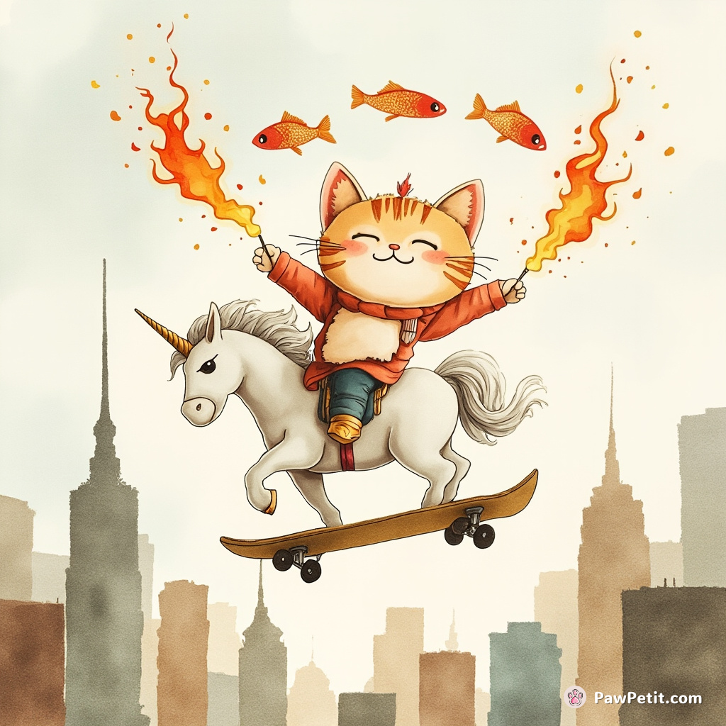 A cat levitating above a city, juggling flaming fish while on a unicorn skateboard.