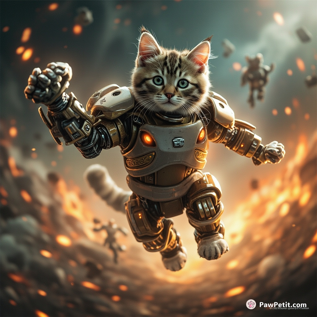 Cosmic feline, conquering AI-controlled mechanised exoskeletons, deftly swipes paw to enact a whirling dance of robotic destruction.