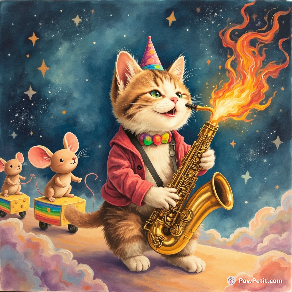A cosmic cat playing a flaming saxophone, leading a parade of rainbow-colored mice on squeaky cheese wheels.
