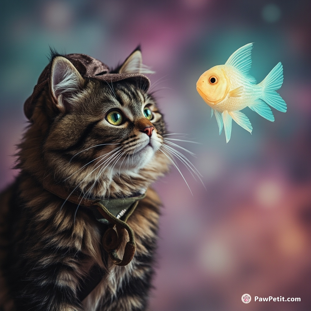 A cat dressed as Sherlock Holmes, quizzically examining a glowing, levitating alien fish in mid-air inside a bright pastel universe.