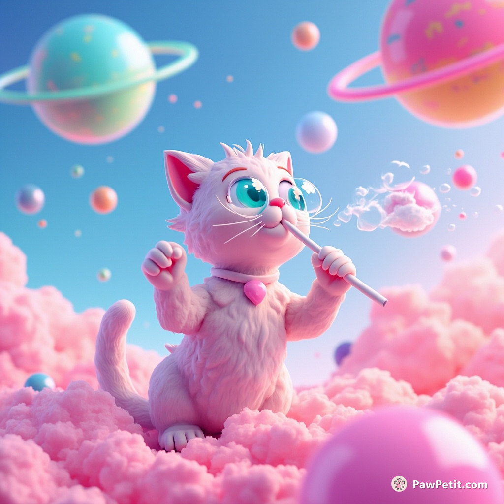 Cat blowing neon bubble planets with a straw under a candy-floss cloud sky.