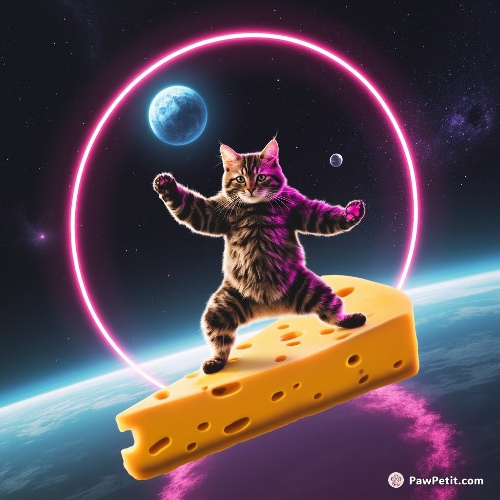 A cat practicing tai chi while balancing atop a giant, resonating Swiss cheese in space.