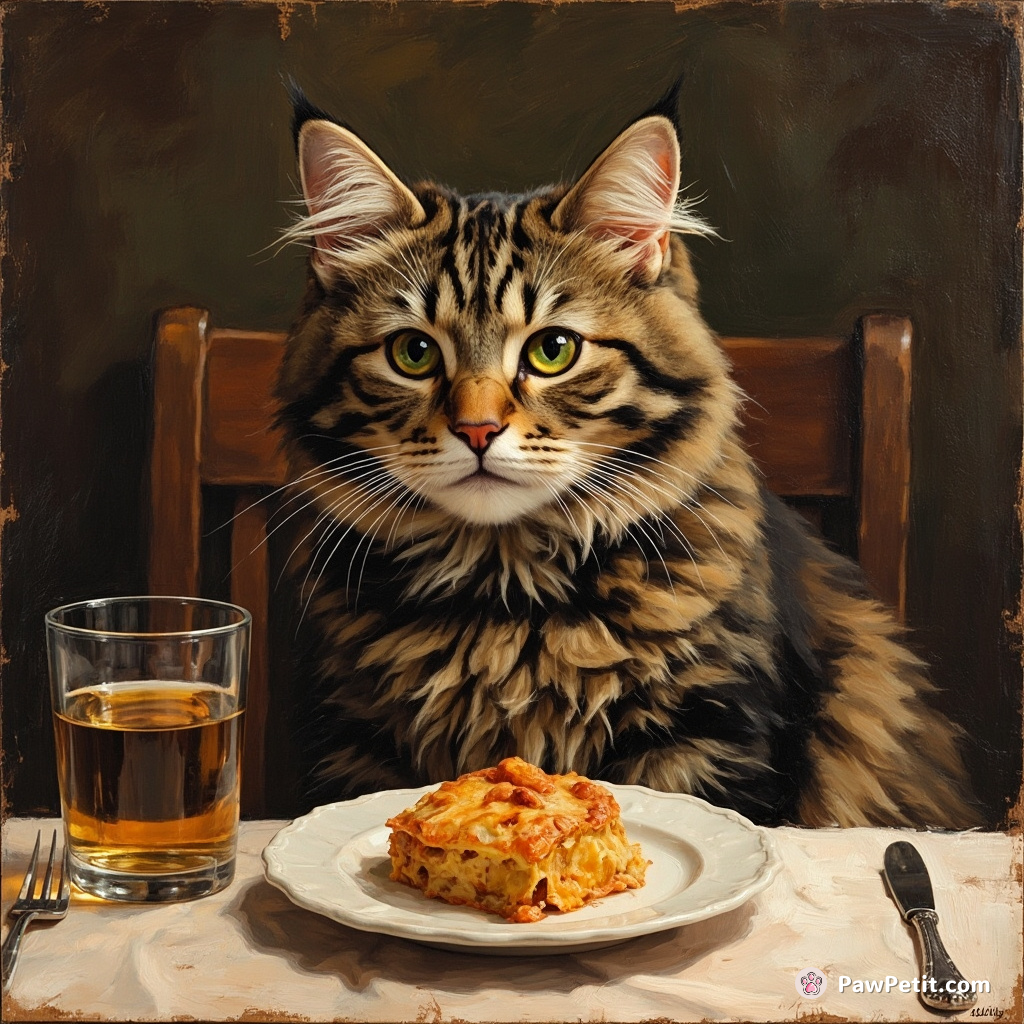 Deluded Fluffles, the tabby cat, delivers spirited monologues at human dinner parties believing she outshines all human conversation skills.