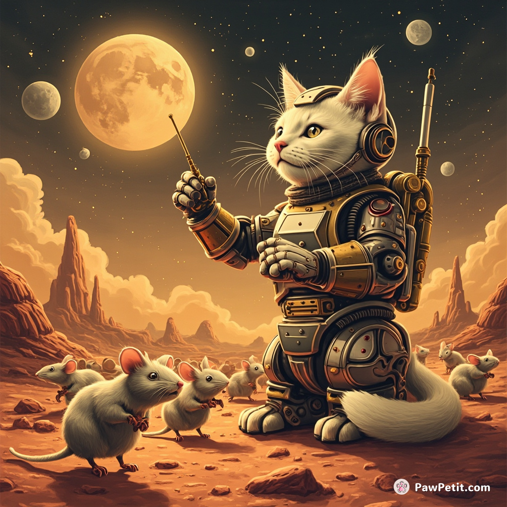 Cyborg cat conducting a symphony of robotic mice on Mars.