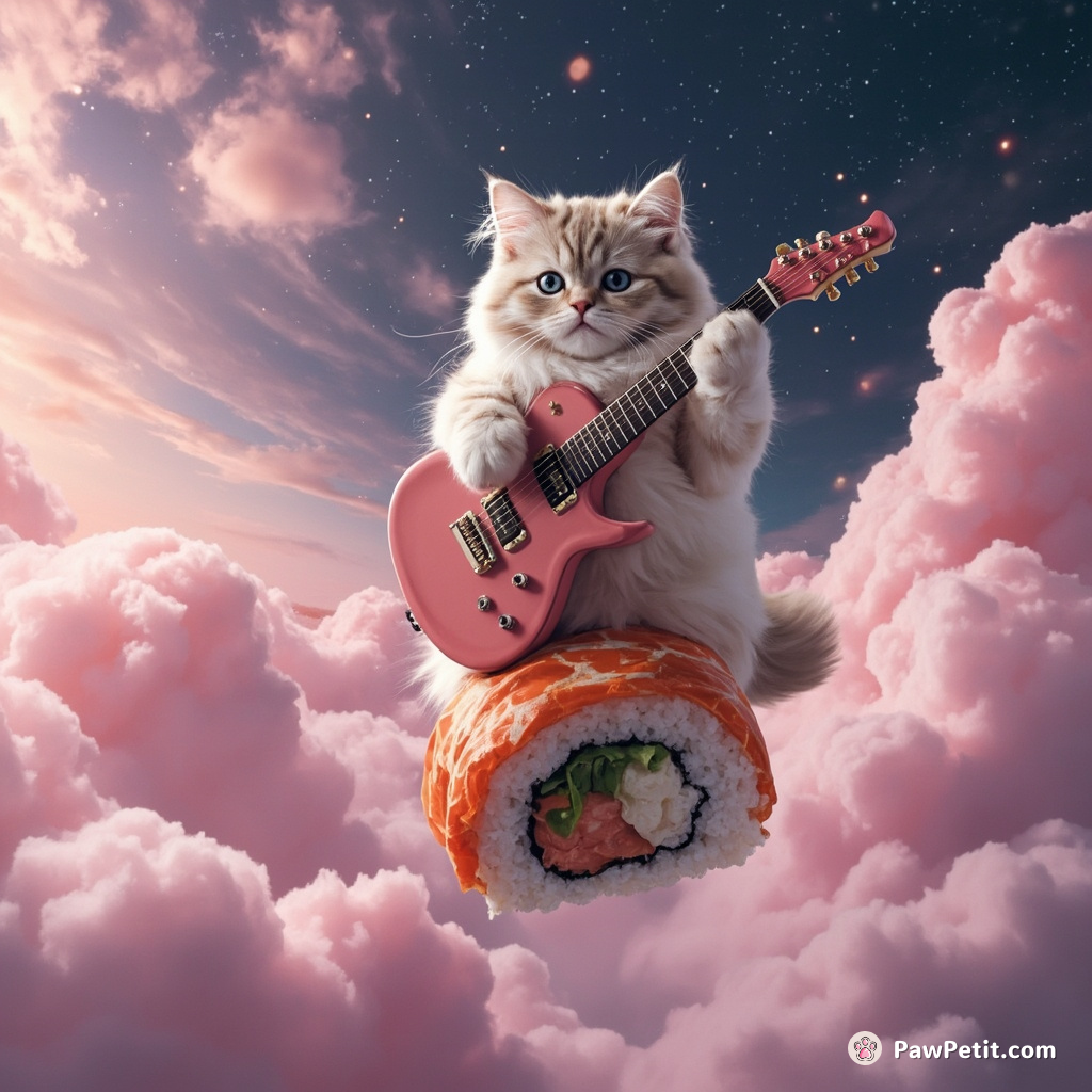 Cat playing heart-shaped electric guitar, floating on a sushi roll amidst a cotton candy cloud storm in space.