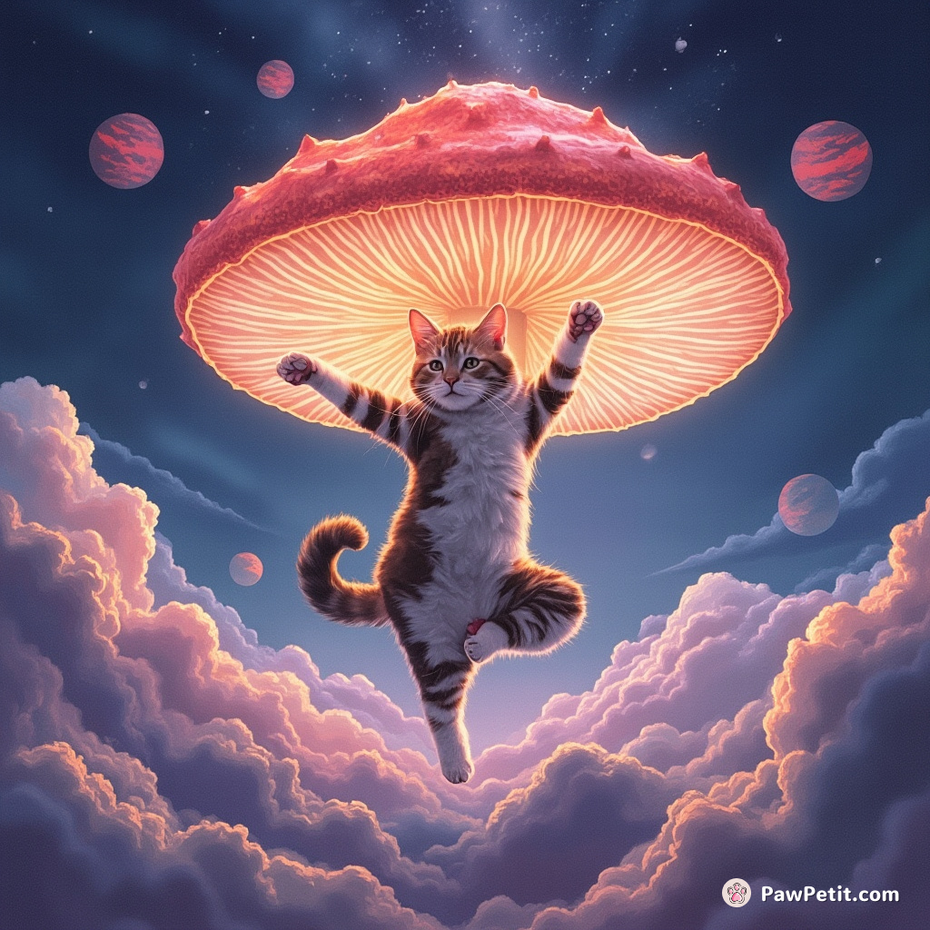 A cat doing telekinetic yoga inside a pulsating neon mushroom in zero gravity.