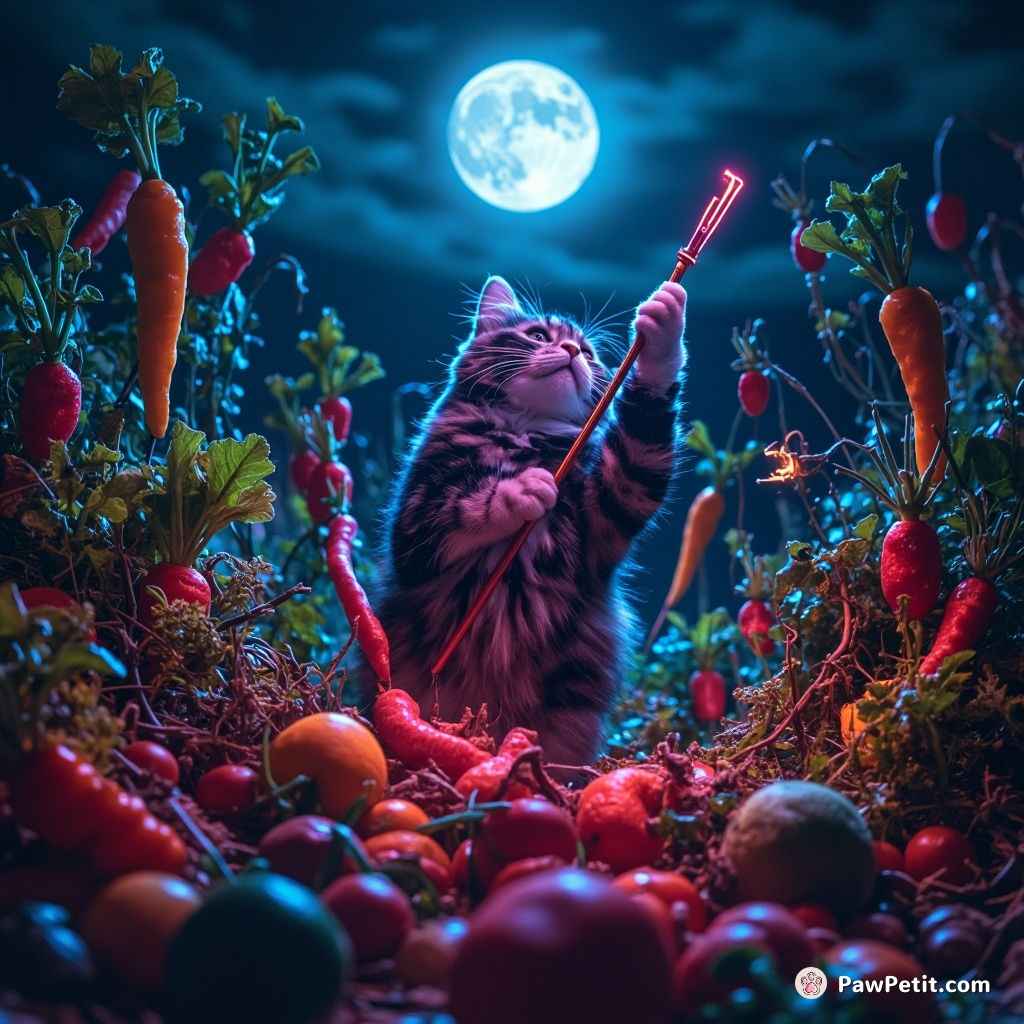 Cat conducting a symphony orchestra of enchanted garden vegetables in moonlit midnight.