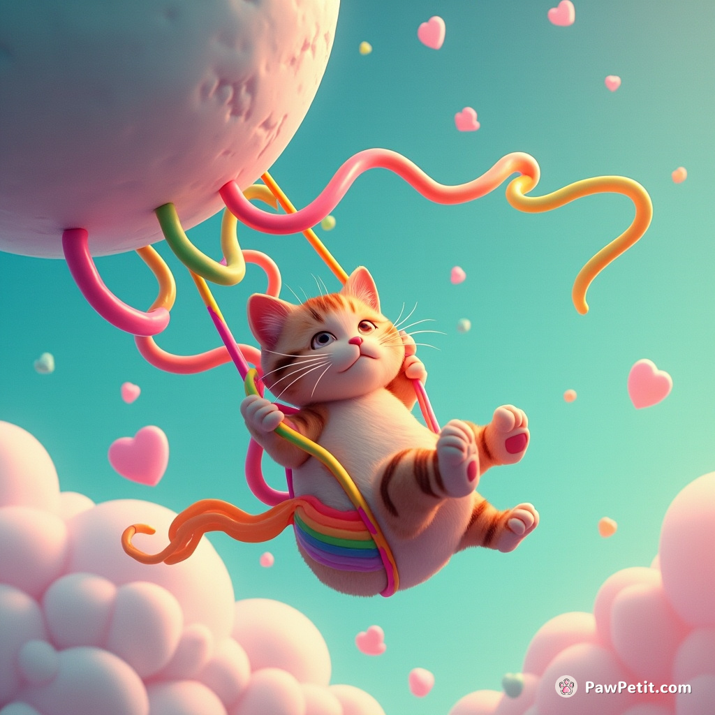 A tabby cat swinging from a bubblegum moon, using rainbow spaghetti strands as ropes.