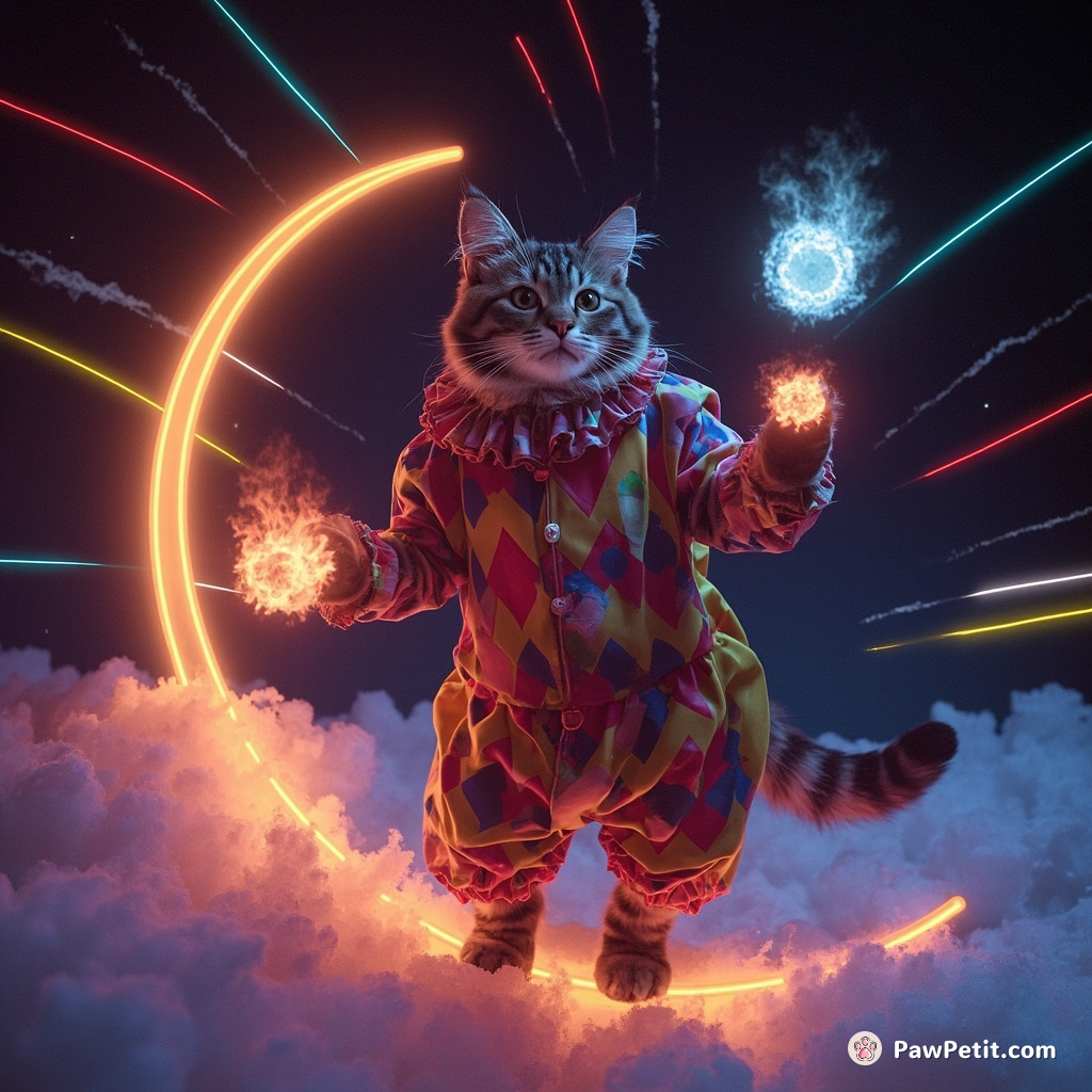 A tabby cat, wearing a clown costume, juggling flaming firballs on a crescent moon while neon shooting stars zoom past.