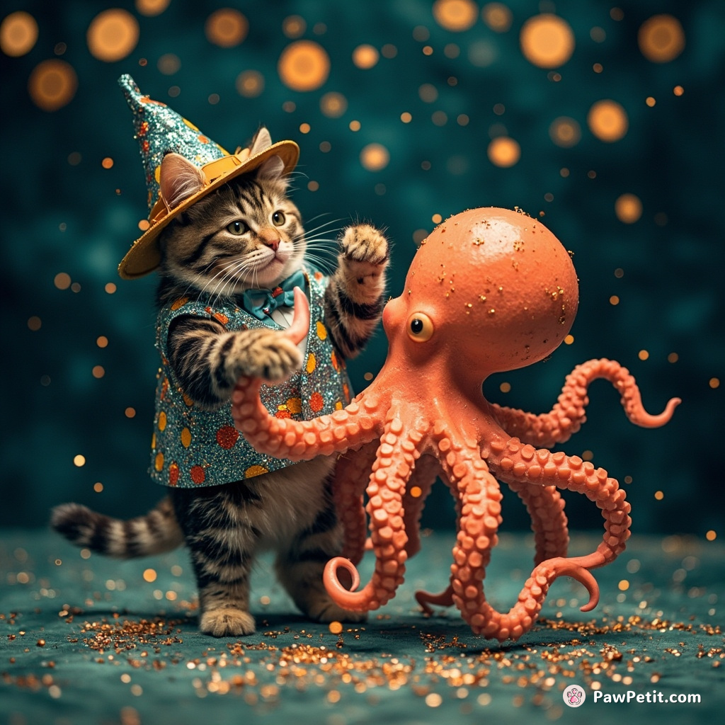 Cat doing a fiery tango dance with an octopus; both in glittering party gears in undersea discotheque.