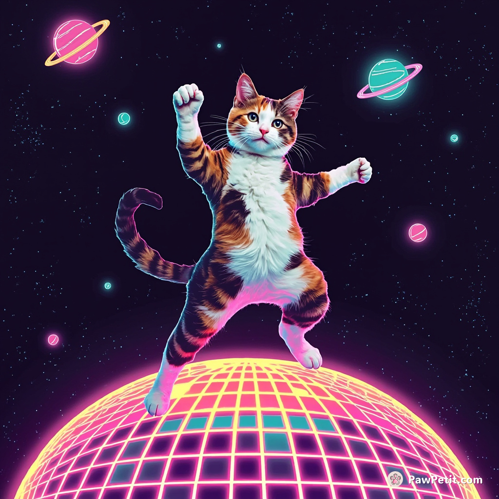 A calico cat breakdancing on a glowing neon disco ball in outer space.