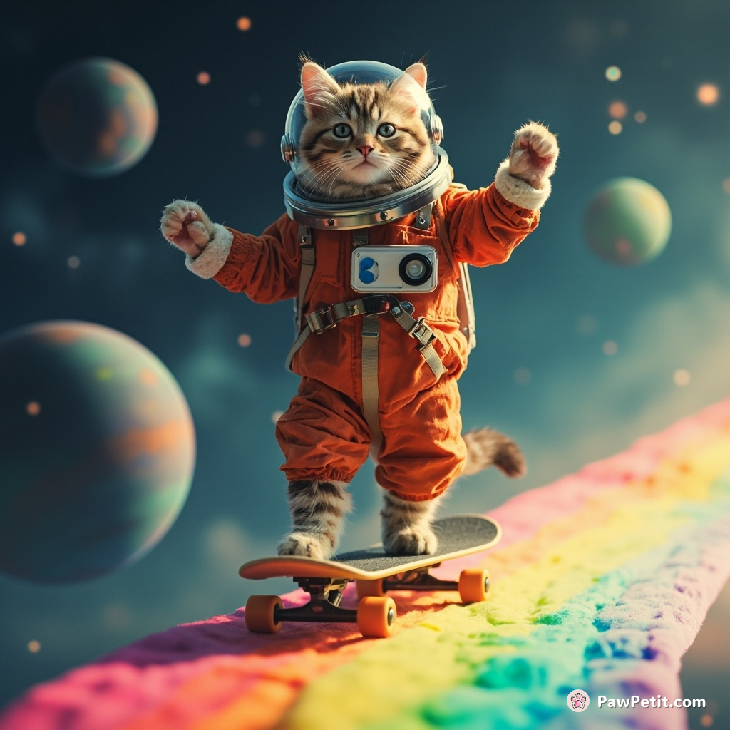 A cat wearing astronaut gear skateboarding on a rainbow in outer space, high-fiving tiny aliens.