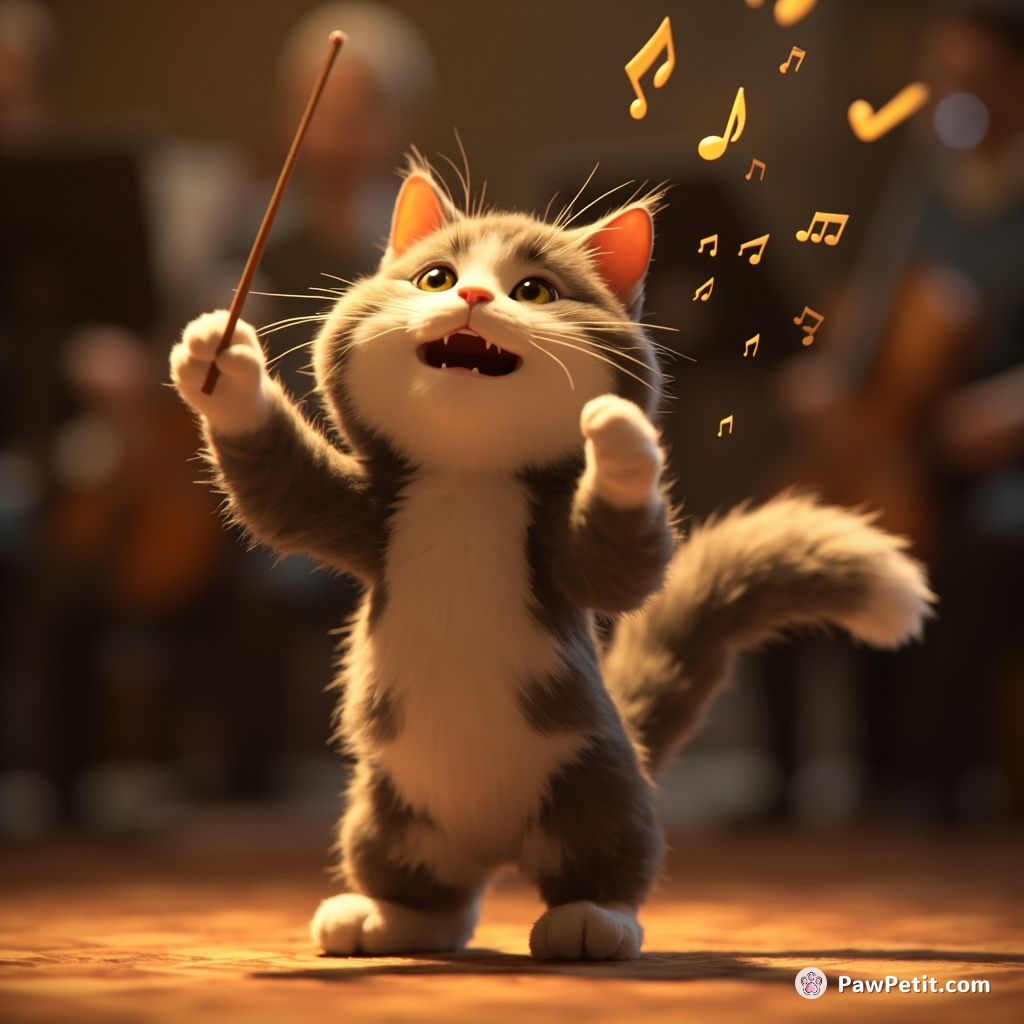 Cat conducts orchestra with tail, certain it will surpass Mozart in music composition. Swing of fur denotes rhythm change.