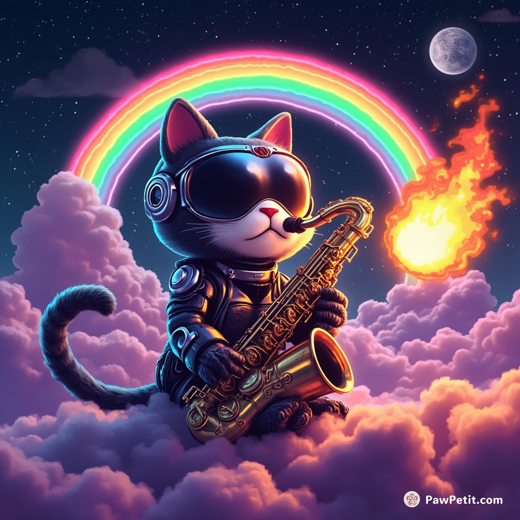 Cyborg cat playing a flaming saxophone on a neon mushroom cloud under an alien rainbow moon.