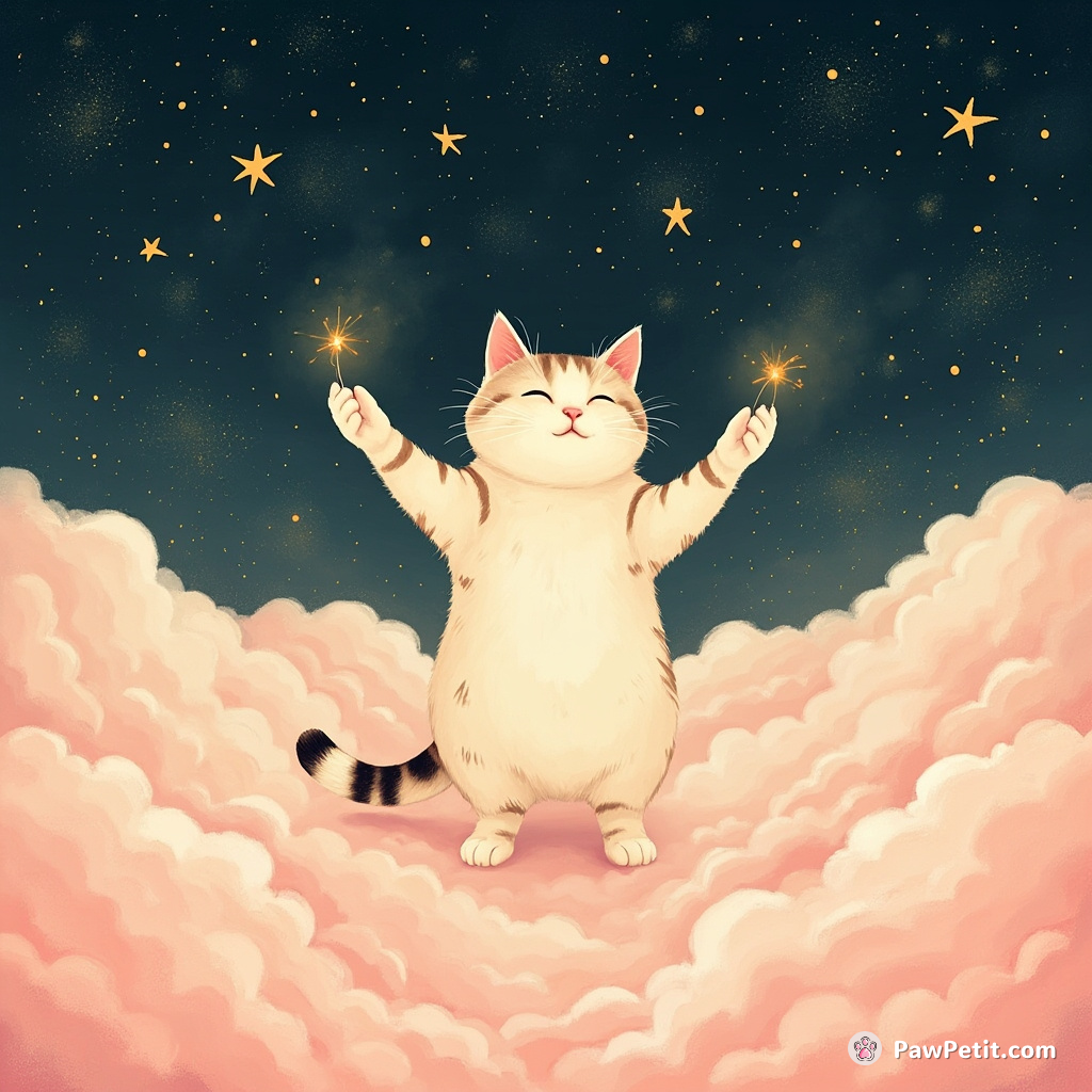 Two-headed cat juggling sparked fireflies in a field of cloud cotton candy, under constipated stars.