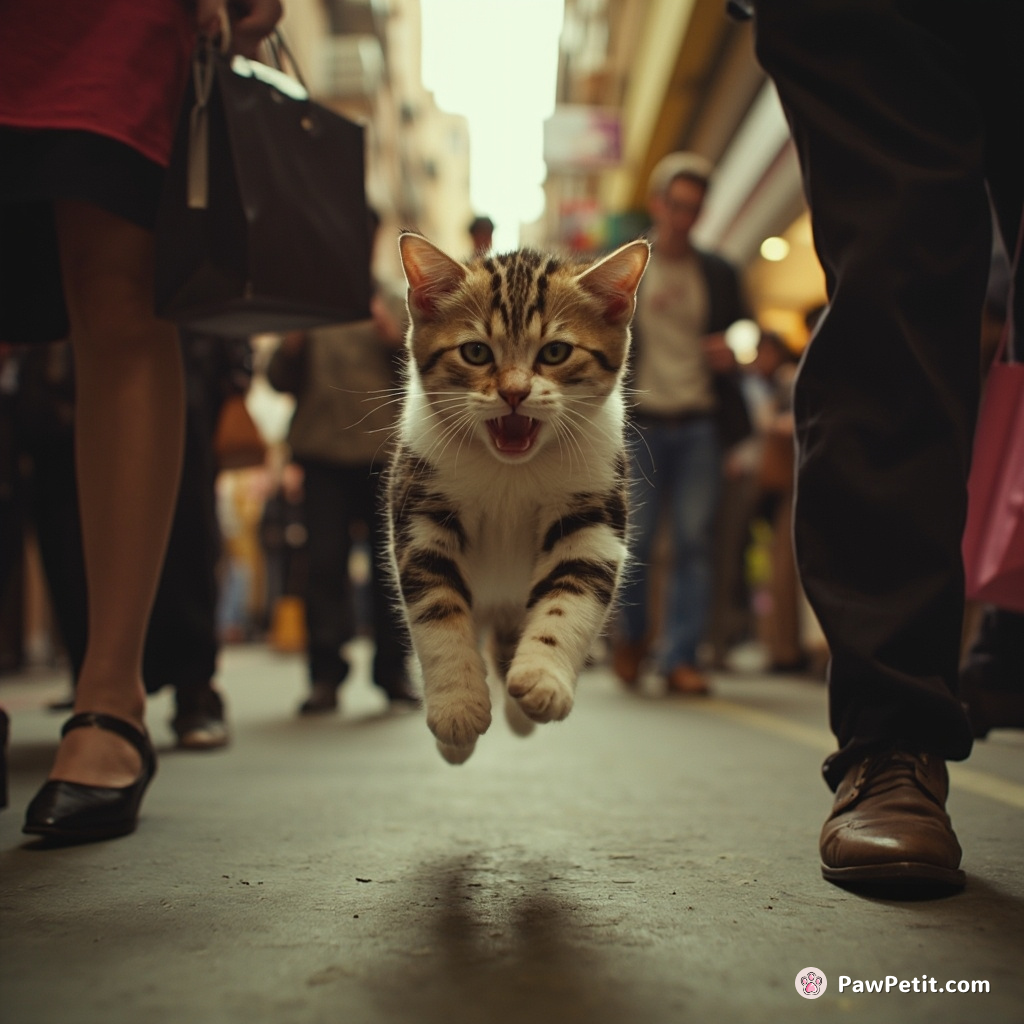 Frantic cat leaps, darting through bustling crowd, narrowly dodging feet and clattering shopping bags.