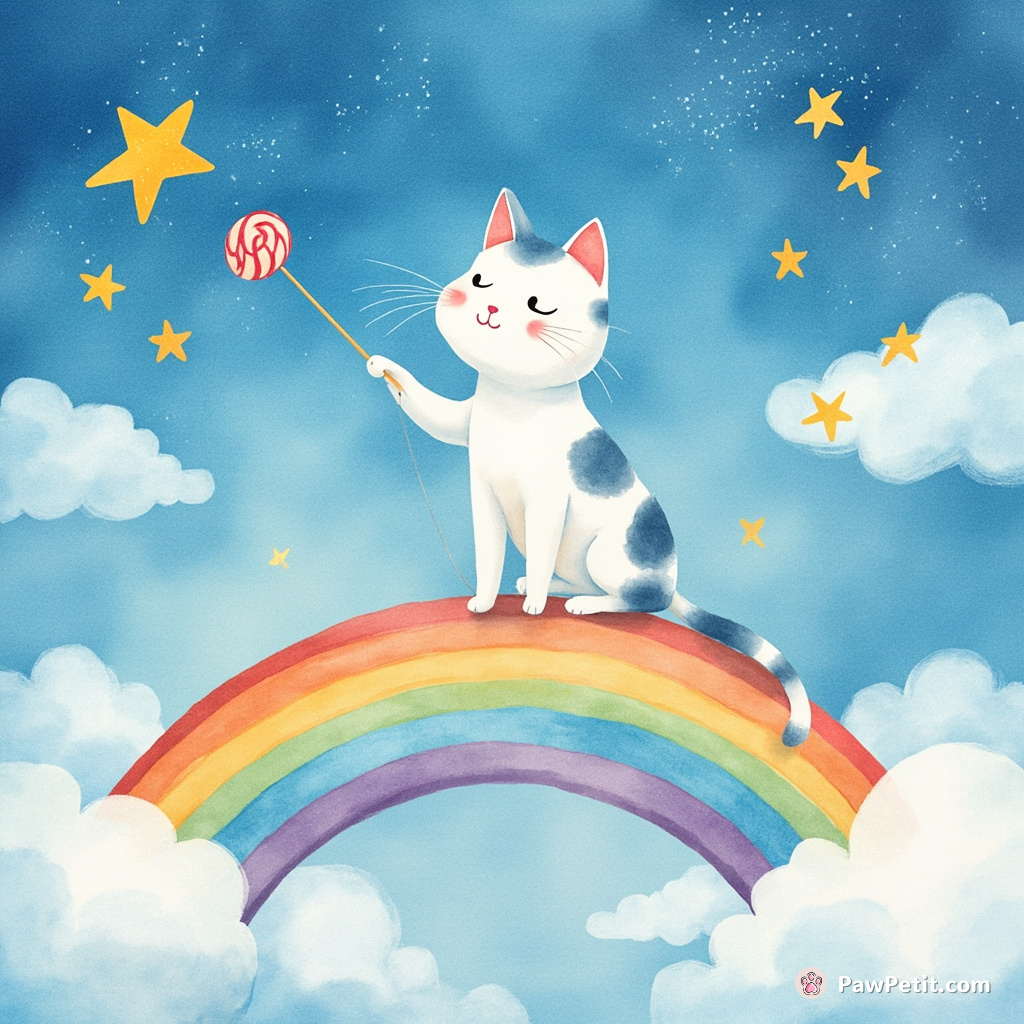 A blue-spotted cat sitting on a floating rainbow, fishing stars from the sky with a lollipops bait.