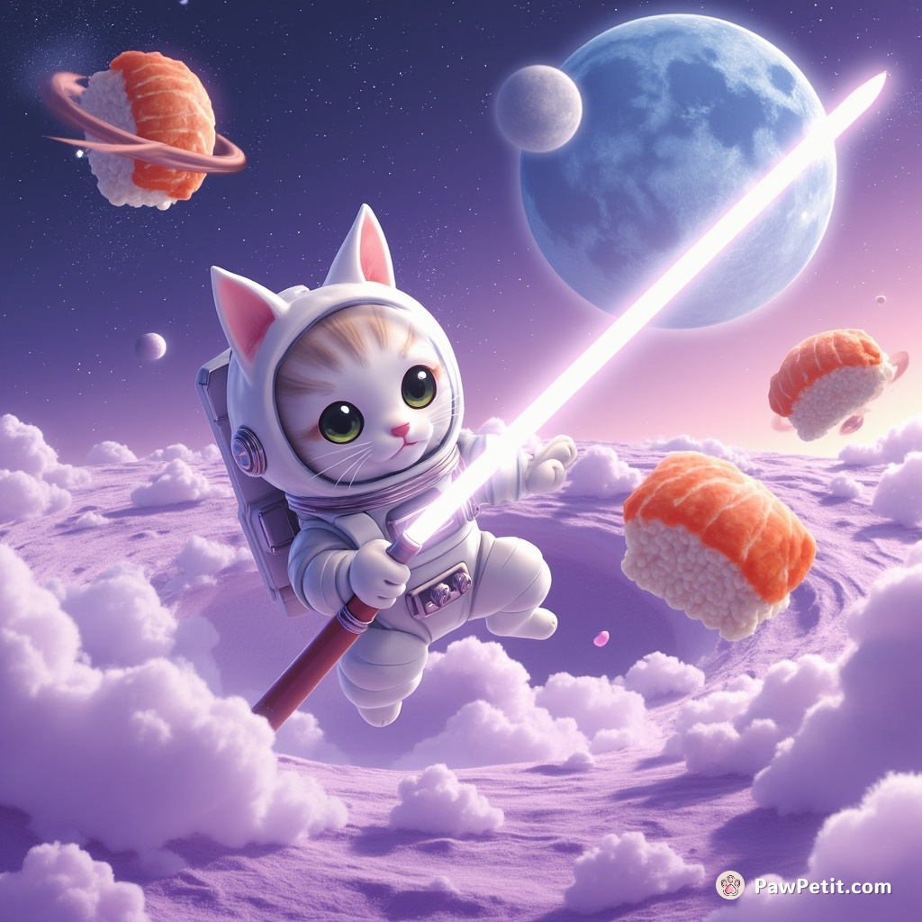 Laser sword-wielding astronaut cat battling floating sushi in a lavender moon crater.