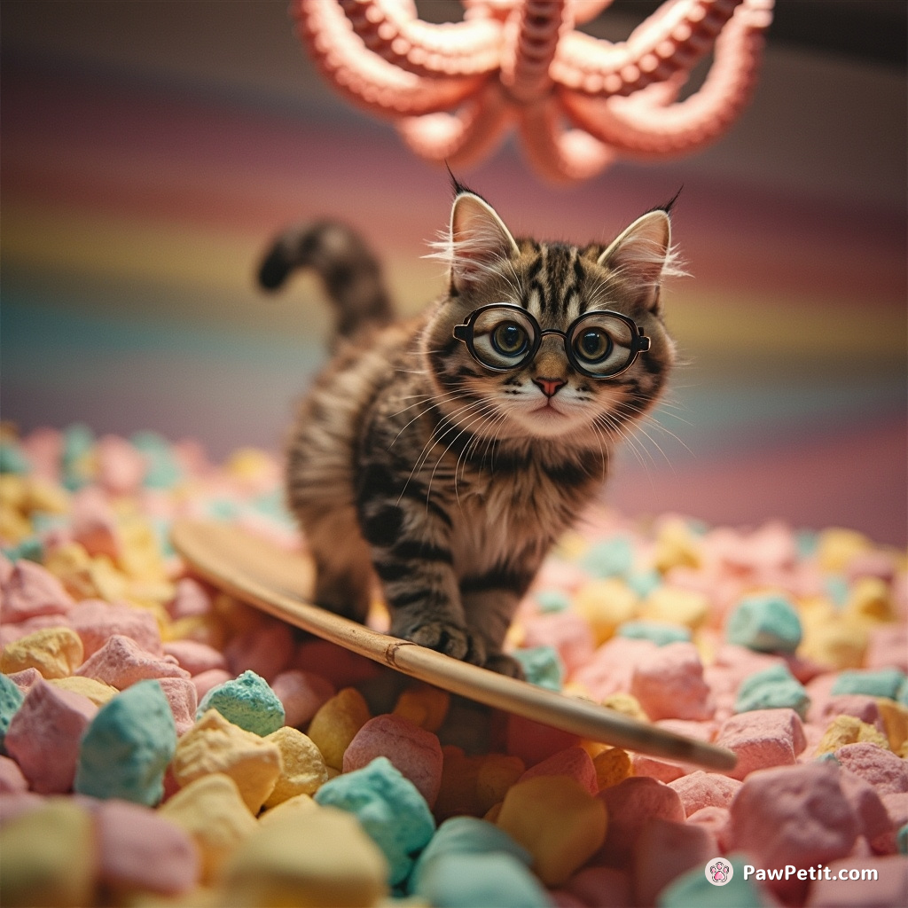 Cat surfing on a sea of rainbow marshmallows under an octopus chandelier with a monocle.
